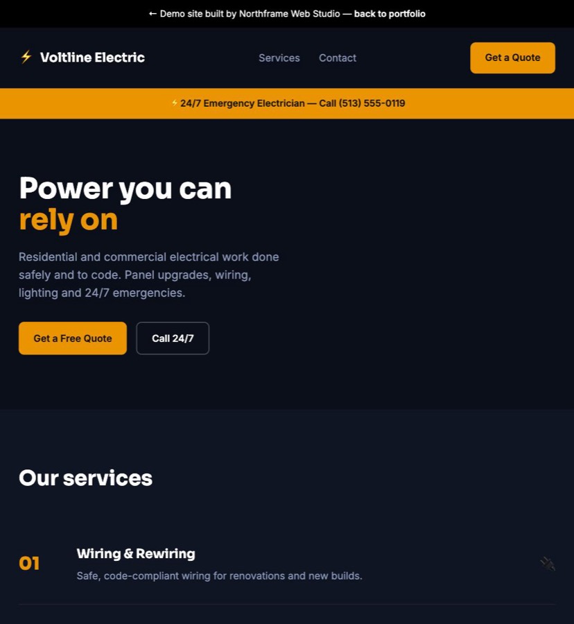 Voltline Electric demo site homepage
